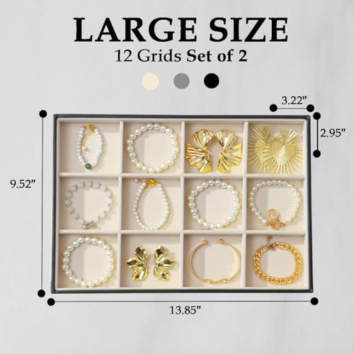 Large Jewelry Organizer Tray, Stackable Jewelry Storage Holder PU Leather Velvet Jewellery Display Case for Stud Earring Bracelet Necklace Ring (Black Beige, 12 Grids) - color: Black Beige