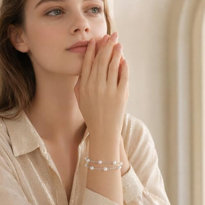 DAYANEY Pearl Bracelets for Women Gold Bracelet Silver Pearl Jewelry | Gold Bracelet Silver Pearl Jewelry Summer Gifts for Girls Dainty Daisy and Heart Bracelets Cute Floral Jewelry for Bridesmaid - style: Silver Pearl-Layered