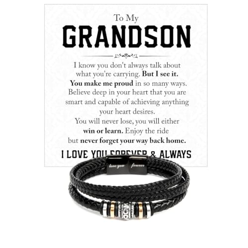 To My GrandSon Bracelet – Love You Forever Braided Leather Bracelet, Meaningful GrandSon Gift from Grandpa & Grandma with Heartfelt Message Card & Elegant Gift Box for Birthday, Christmas - color: Version#6