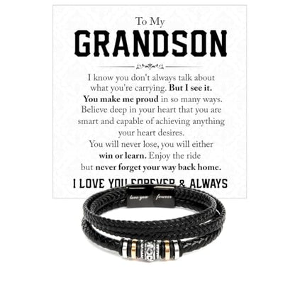 To My GrandSon Bracelet – Love You Forever Braided Leather Bracelet, Meaningful GrandSon Gift from Grandpa & Grandma with Heartfelt Message Card & Elegant Gift Box for Birthday, Christmas - color: Version#6
