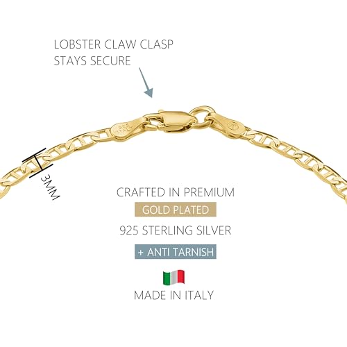 Gold Chain Bracelets for Women Plated 925 Sterling Silver | 18K plating, Made in Italy, anti-tarnish, hypoallergenic, 6.5-9 inches, curb rope figaro mariner links - size: 6.5 inches (X-Small)