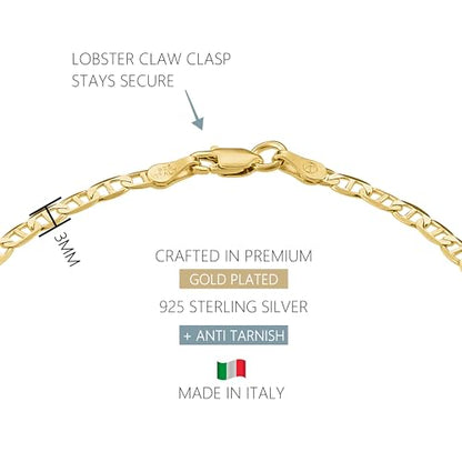 Gold Chain Bracelets for Women Plated 925 Sterling Silver | 18K plating, Made in Italy, anti-tarnish, hypoallergenic, 6.5-9 inches, curb rope figaro mariner links - size: 6.5 inches (X-Small)