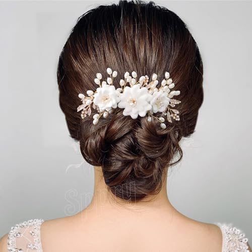 Fancy White Flower Bride Wedding Hair Comb, Handmade Pearl Rhinestone Hair Accessory for Bridal Women (Gold with 3 Flowers) - color: Style 1(with 3 Flowers)