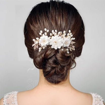 Fancy White Flower Bride Wedding Hair Comb, Handmade Pearl Rhinestone Hair Accessory for Bridal Women (Gold with 3 Flowers) - color: Style 1(with 3 Flowers)