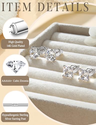 2 Pairs "STUNNING FLAME" 925 Sterling Silver 18K Real Gold Plated Stud Earrings for Women Men 5A Brilliant Princess Cut Round Cubic Zirconia - Hypoallergenic Large CZ Studs Earring Set 8 CTW (2ct*4) - color: 14K White Gold - 8.0 Carat(2.0ct*4)