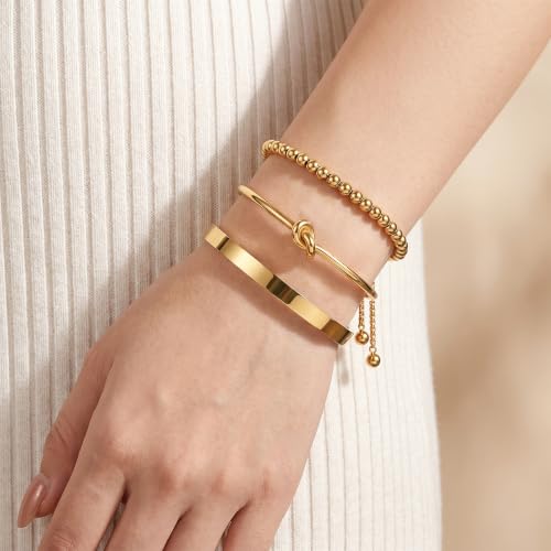 Waterproof Non Tarnish PVD 18K Gold Plated Stainless Steel Beaded Bracelets for Women, Hypoallergenic Dainty Initial Letter Charm Beaded Stackable Adjustable Bracelets, Love Knot Oval Bangles Single & Gift Sets Birthday Jewelry for Her - color: gold-A-3pc