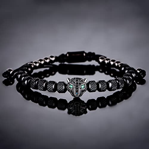 3pcs/set Classical Handmade Braiding Bracelet Hip Hop Men Pave CZ Leopard Head Roman Numeral Bracelet Stainless Steel Jewelry - color: 1pcs Black