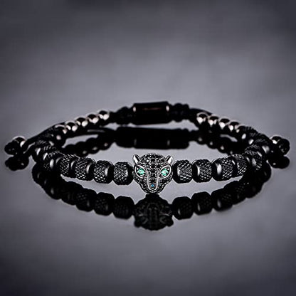 3pcs/set Classical Handmade Braiding Bracelet Hip Hop Men Pave CZ Leopard Head Roman Numeral Bracelet Stainless Steel Jewelry - color: 1pcs Black