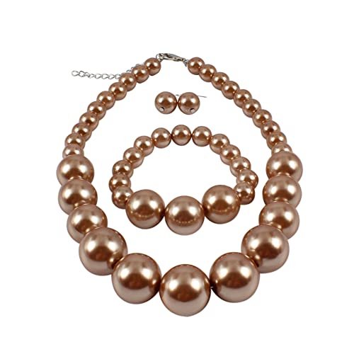 COLORFUL BLING Chunky Multicolor Simulated Pearl Choker Necklace Drop Dangle Earrings Bracelet Set Crystal Bib Big Large Round Beaded Strand for Women Brides Costume Statement 1920s Wedding Jewelry - color: Champagne1