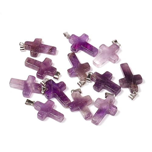 12PCS Natural Stone Cross Pendant Gemstone Charms Bulk for Jewelry Making | Healing Crystal Quartz Chakra Reiki Gemstone Pendants Charms Bulk for Necklace Craft - color: Amethyst Cross