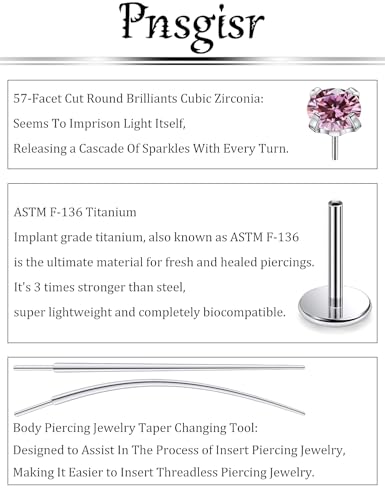 F136 Titanium 20/18/16G Earrings Nose Lip Rings Medusa Tragus Cartilage Helix Labret Flat Back Threadless Implant Grade Stud Piercing Jewelry for Women - color: Pink CZ, size: 20g*6/7/8mm*2/3/4mm