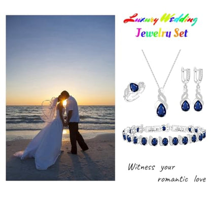 LMXXVJ Jewelry Set for Women,Teardrop Cubic Zirconia Necklace Earrings Adjustable Ring Bracelet Jewelry Set Formal Jewelry Gift - color: MHSD-White Gold-Blue
