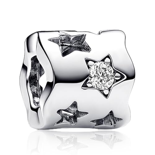 S925 Sterling Silver Cute Bead Charm for Pandora Bracelets and Necklaces | Lucky Clover Cute Animal Pink Bow Cherry Butterfly Pendant Bead Charms Jewelry Making Gifts for Women Valentines Mother's Day - style: Hollow Star Bead Charm