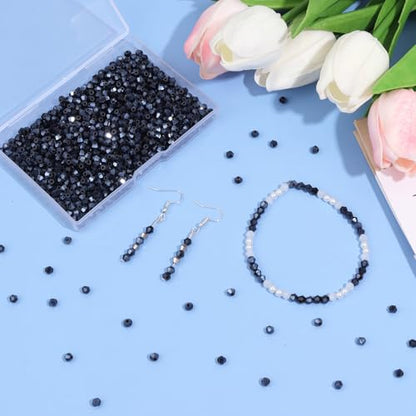 1000Pcs 4mm Faceted Crystal Glass Bicone Beads Loose Bead for DIY Bracelet Necklace Earring Keychain Jewelry Making,Black AB - color: Black AB