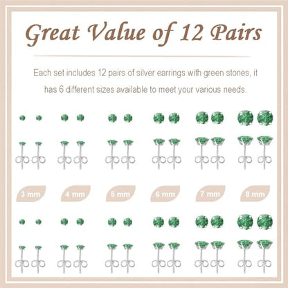 12 Pairs Stud Earrings Set, Hypoallergenic Surgical Stainless Steel 316L Earring for Women Men, Small Earring Studs Pack with Cubic Zirconia - color: Green-6 Sizes-3，4，5，6，7，8