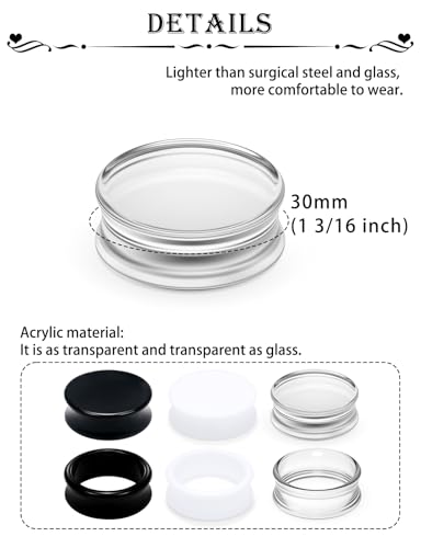 Ears Gauges Tunnels Plugs for Women Acrylic Solid Tunnel Ear Gauge Stretching Kit 6G to 1 1/4 Inch (4MM- 30MM) Expander Stretcher Plug Earrings Piercing Jewelry for Women Black White Clear - style: almost 1 1/4 inch, Black White Clear