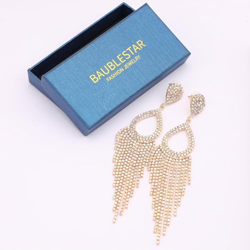 BaubleStar Rhinestone Teardrop with Long Tassel Earrings Sparkly Dangle Earrings for Women - color: Gold