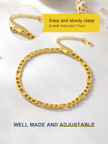 ChainsPro Resizable Anklet Chain for Women Men, Figaro/Wheat/Twist Rope/Cuban Foot Bracelet-Strong with Good Clasp-18K Gold Plated(Send Gift Box) - color: 03:figaro-5mm-gold plated