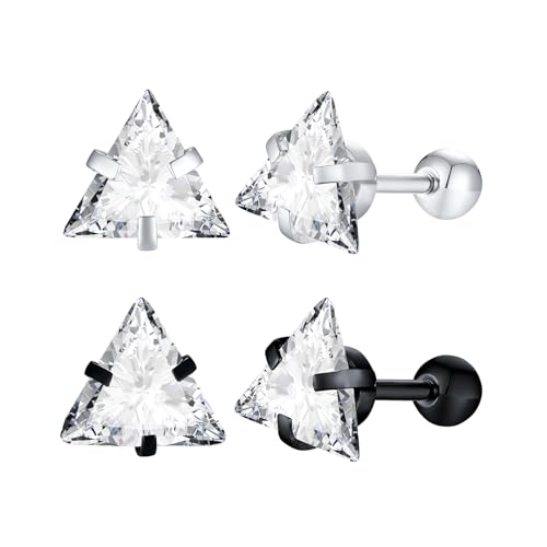 Unisex Geometric Triangle Stud Earrings, Stainless Steel Minimalist Cubic Zirconia Pierced Post Earrings for Men Women - style: Single Zircon-Black&Sliver