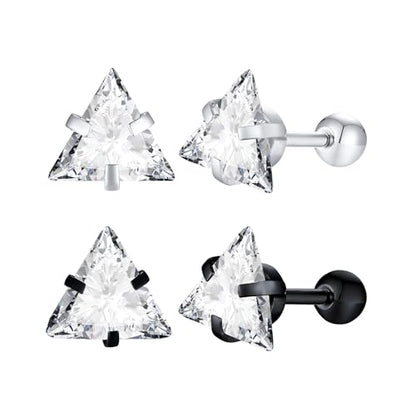 Unisex Geometric Triangle Stud Earrings, Stainless Steel Minimalist Cubic Zirconia Pierced Post Earrings for Men Women - style: Single Zircon-Black&Sliver