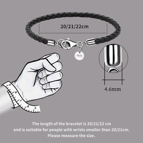 Leather Bracelet for Men Women 4MM Braided 925 silver Clasp 20/21/22cm with Jewelry Gift Box Handcrafted - color: Black, size: 8.6''