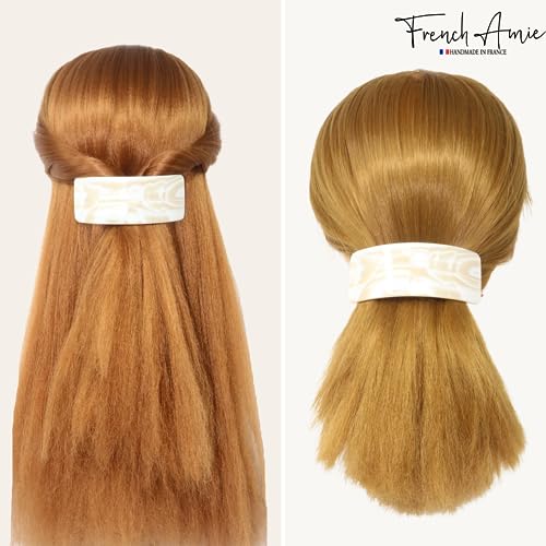 French Amie Broad Curved Oblong Ivory Cream Extra Wide Large Cellulose Acetate Automatic Volume Hair Clip Barrette with Golden Clasp for Women and Girls