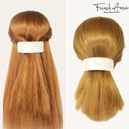 French Amie Broad Curved Oblong Ivory Cream Extra Wide Large Cellulose Acetate Automatic Volume Hair Clip Barrette with Golden Clasp for Women and Girls
