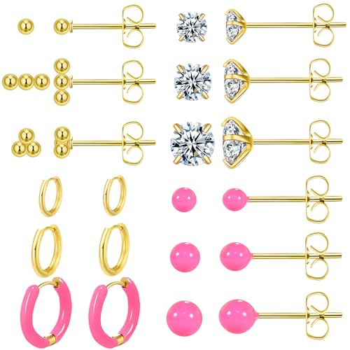 12 Pairs Stud & Hoop Earrings Set for Women 2-5mm Colorful Ball & Cubic Zirconia Stud earrings 8/10/12mm Hoop Earrings Hypoallergenic Stainless Steel Jewelry Gift Collection - color: Rose Pink