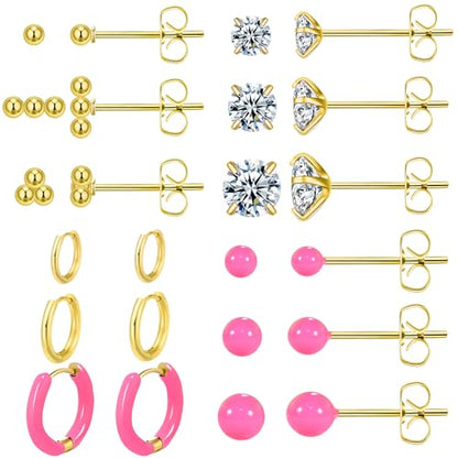 12 Pairs Stud & Hoop Earrings Set for Women 2-5mm Colorful Ball & Cubic Zirconia Stud earrings 8/10/12mm Hoop Earrings Hypoallergenic Stainless Steel Jewelry Gift Collection - color: Rose Pink