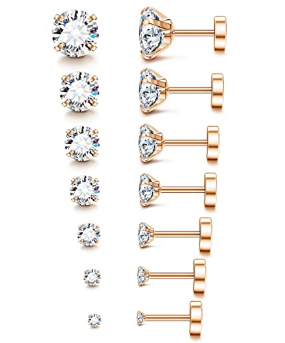 Fansilver 20G Hypoallergenic Flat Back Earrings for Women Men Silver 14K Gold Stainless Steel Stud Earrings Birthstone Cubic Zirconia Studs Surgical Steel Cartilage Earrings for Sensitive Ears - color: Rose Gold