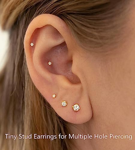 6Pairs 2mm/3mm Surgical Steel Hypoallergenic Piercing Studs, 20G 14K Real Gold Filled Tiny Stud Earrings Set for Multiple Hole Piercing (Cubic Zirconia, Pearl, Ball) - style: I : 2MM + 3MM, Cubic Zirconia, 6 Pairs