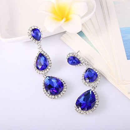 EleQueen Women's Crystal Teardrop Pear Shape 2.5 Inch Long Earrings | Dangle Earrings for Women, TearDrop Crystals Earrings for Bride Bridesmaid, Prom Jewelry for Wedding - color: 08-Sapphire