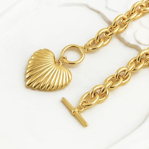 Zeffy 14K Gold/Silver Plated Chunky Thick Chain Toggle Clasp Necklace Dainty Baroque Pearl/Heart/Cross/Turquoise Pendant Necklace - color: Gold Big Shell Heart Necklace