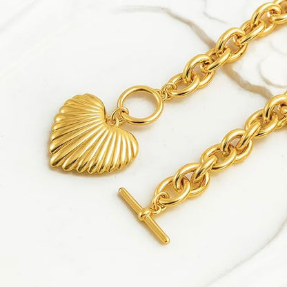 Zeffy 14K Gold/Silver Plated Chunky Thick Chain Toggle Clasp Necklace Dainty Baroque Pearl/Heart/Cross/Turquoise Pendant Necklace - color: Gold Big Shell Heart Necklace