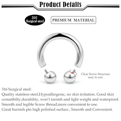 20G-00G Septum Rings horseshoes Nose Rings Hoops 316L Surgical Steel Snake Bites Lip Nipple Ring Cartilage Tragus Helix Rook Conch Daith Earrings Pa Piercing Jewelry for Women Men - style: 10G(2.5mm)-Dia:8mm