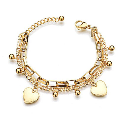 kelistom 316L Stainless Steel Love Heart Charm Bracelet for Women Romantic Gift Silver/Rose/18k Gold Plated OT Clasp Bracelets - color: 2-heart gold