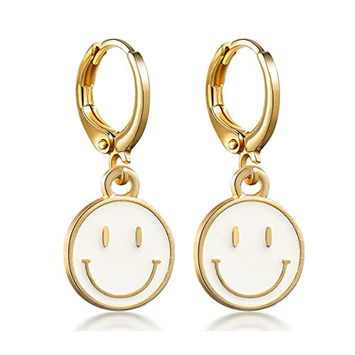 Preppy Earrings for Women Smile Face Heart Charms Pendants Gold Small Huggie Hoop Dangle Drop Earrings Trendy Y2K Jewelry Gifts - color: Smile-White