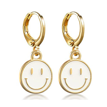 Preppy Earrings for Women Smile Face Heart Charms Pendants Gold Small Huggie Hoop Dangle Drop Earrings Trendy Y2K Jewelry Gifts - color: Smile-White