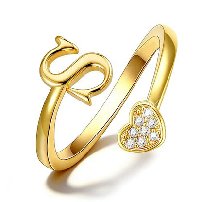 Lunvky Birthday Gifts Silver Initial Rings for Women Teen Girl Kids Trendy Stuff Dainty 14K Gold Plated Adjustable Heart Letter Thumb Rings Pinky Cute Jewelry Personalized Gift - color: Gold, size: Initial-S