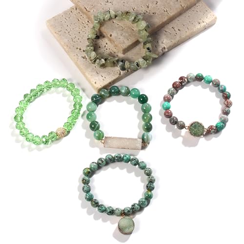 Yomisa 5PCS 6PCS Natural Boho Beaded Bracelets/Bangle for Women Men,Healing Turquoise Jasper Agate Crystal Gemstone Stone Chakra Multilayer Wrap Bohemian Handmade Jewelry Beads Stretch Bracelet Set - color: 5PCS-Green