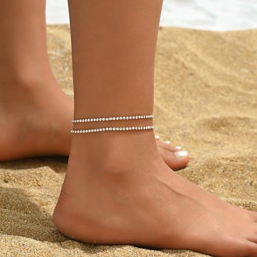 Gold Ankle for Women 18K Gold Plated Tennis Sapphire Paperclip Pearl Sequin Droplet Lip Link Chain Large Anklet Bracelets Simple Beach Summer Waterproof Foot Jewelry - color: Layered Tennis-Gold