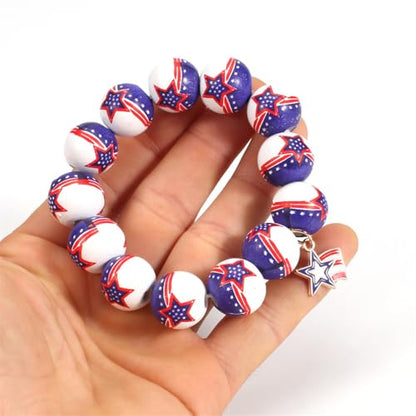 Independence Day Wooden Beaded Bracelet for Women American Flag Red White Blue Beads Stretch Bracelet with Star Heart Charms 4th of July Jewelry - color: Star
