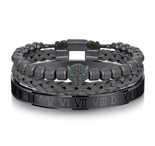 WFYOU 3PCS Stainless Steel Imperial Crown Bracelets for Men Gold Roman Numeral Bangle Bracelet Adjustable Cuff Bracelet Mens Luxury Jewelry Gifts - style: 12:Black-CZ Leopard Head