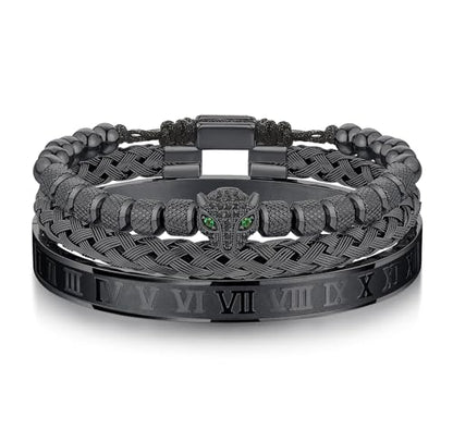 WFYOU 3PCS Stainless Steel Imperial Crown Bracelets for Men Gold Roman Numeral Bangle Bracelet Adjustable Cuff Bracelet Mens Luxury Jewelry Gifts - style: 12:Black-CZ Leopard Head