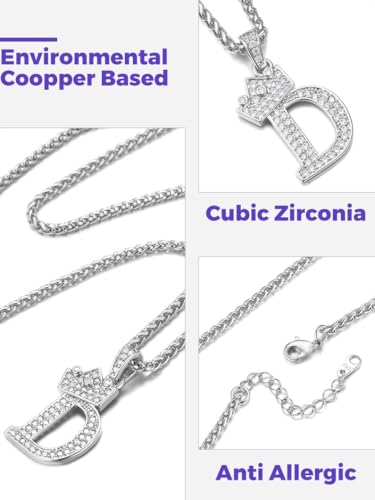 Richsteel Silver Crown Initial A-Z Letter Pendant Necklace for Men Women | Cubic Zirconia Monogram, 316L Steel Chain, 22" + 2" Extender,Hypoallergenic,Gift Box, Hip Hop Jewelry - style: D