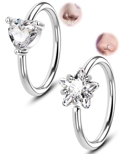 Melighting 20G Seamless Open Nose Rings Set, Star &Heart Nose Ring Hoop Clear CZ, 316L Stainless Steel Jewelry Set for Nostril Septum Cartilage Helix Piercing 8 mm - style: Style1