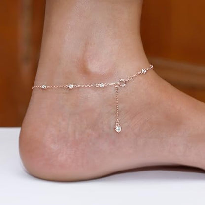 Link Chain Station Anklet Bracelet for Women 1.00 CT | 3MM Round Moissanite in Sterling Silver Jewelry for Her 8" to 10" - color: A3 : Rose Gold