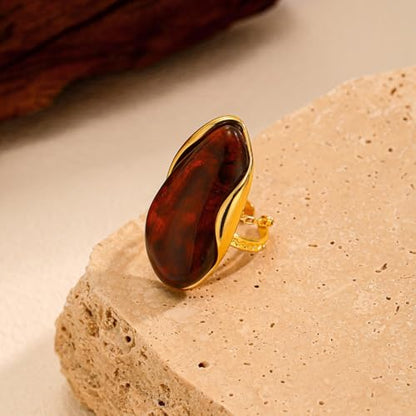 Kokoma Resin Statement Ring for Women Acrylic Stainless Steel Chunky Ring Adjustable Stacking Rings Fashion Finger Jewelry Daily Wear - color: Brown