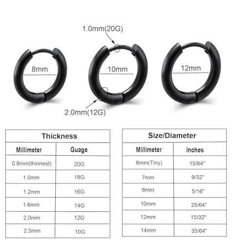 3 Pairs 316L Stainless Steel Small Black Silver Hoop Earrings 8mm 10mm 12mm Hypoallergenic Surgical Earring Cartilage Helix Lobes Hinged Sleeper Ear Jewelry For Men Women - color: black
