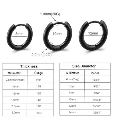 3 Pairs 316L Stainless Steel Small Black Silver Hoop Earrings 8mm 10mm 12mm Hypoallergenic Surgical Earring Cartilage Helix Lobes Hinged Sleeper Ear Jewelry For Men Women - color: black